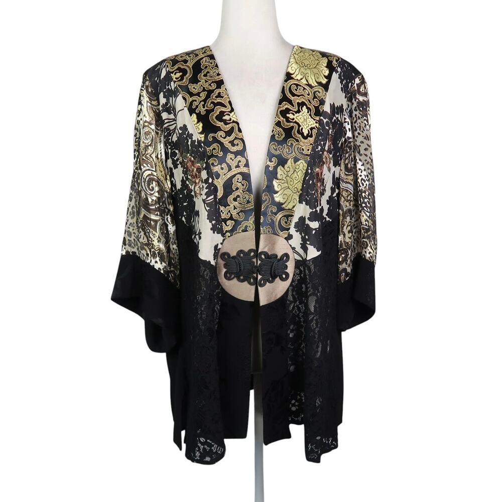 Vintage 90s Violet Kay Black and Gold Lace Kimono Jacket 1X